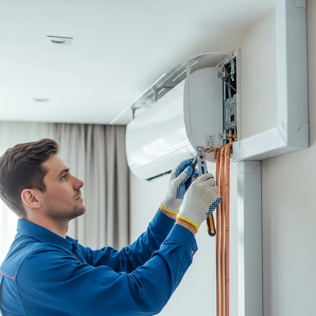 Technician repairing an indoor AC unit